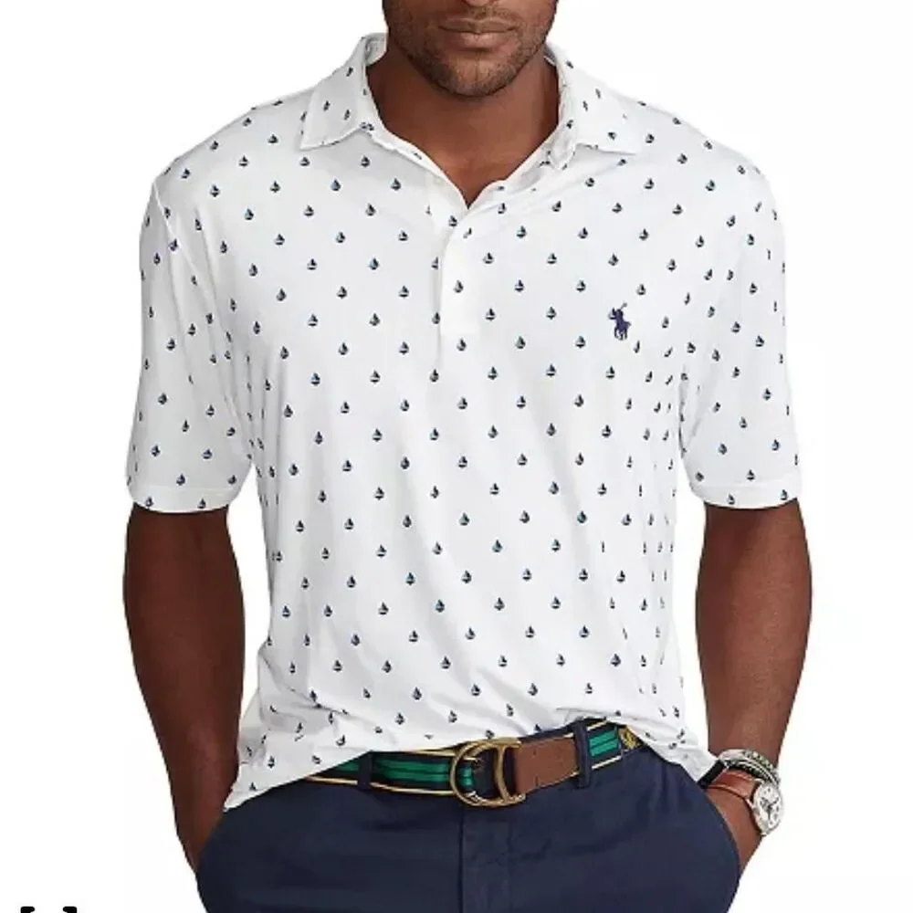 Polo Ralph Lauren Nautical Style Sailboat Print Polo White w/ Navy Blue Sz Med